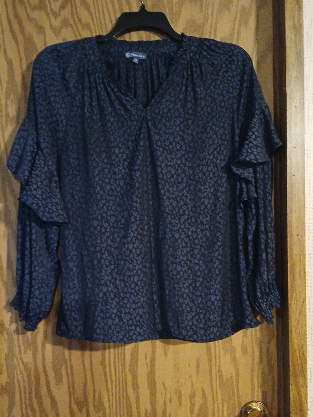 Democracy Navy Subtle Leopard Ruffle Sleeve Blouse